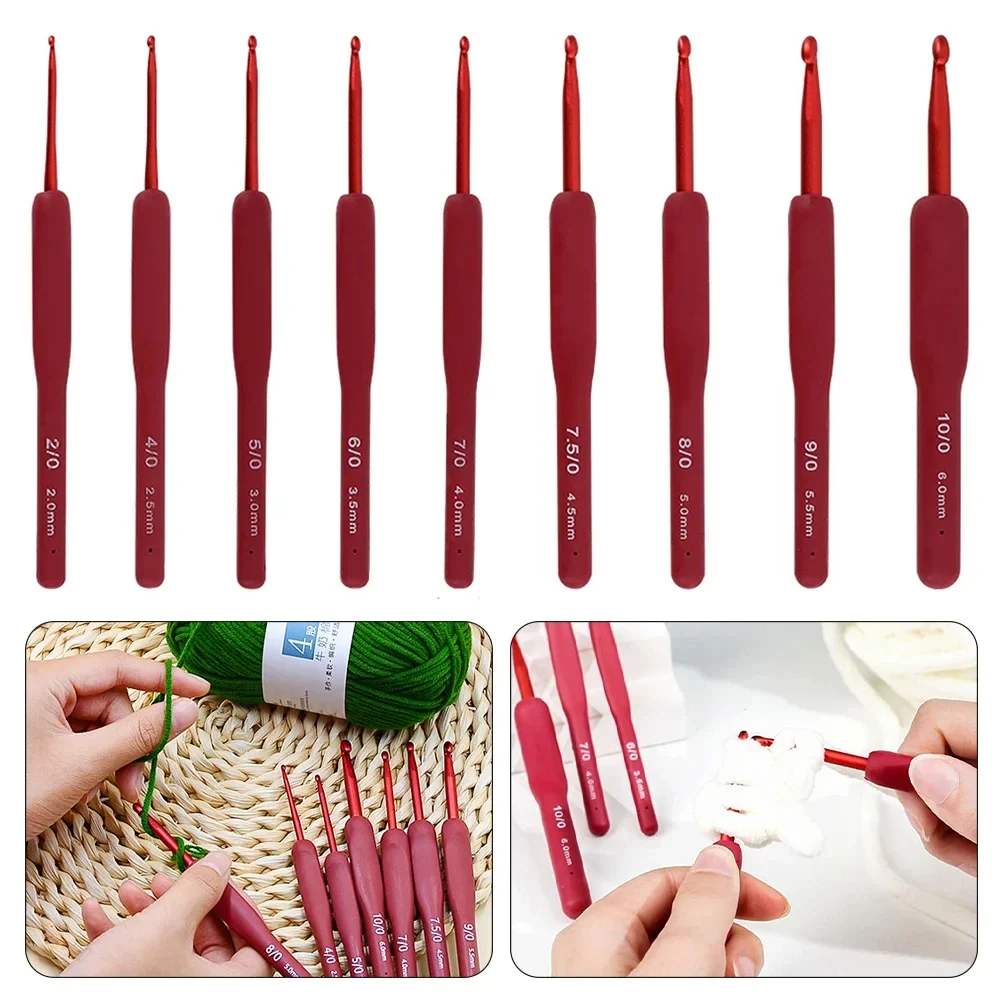

1/9 шт. красный крючок для вязания, силиконовая ручка, алюминиевые спицы для ручного вязания, крючки для рукоделия 2/2,5/3/3,5/4/4,5/5/5,5/6 мм
