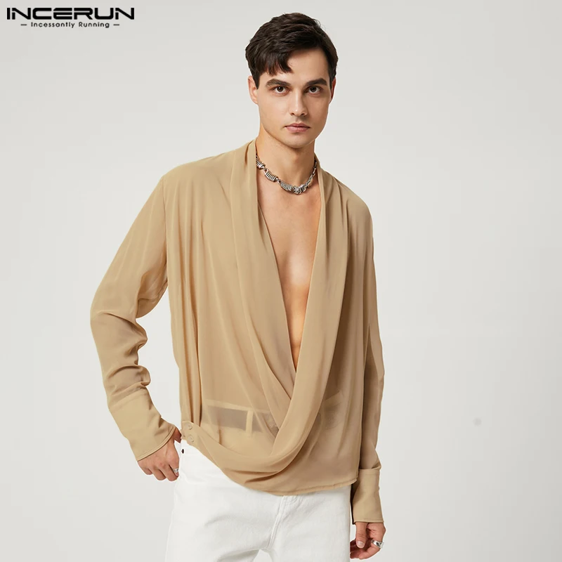 Casual Well Fitting Tops INCERUN 2024 New Men\'s Fashion Bright Stripes Pile Shirts Stylish Solid Cross Long Sleeve Blouse S-5XL