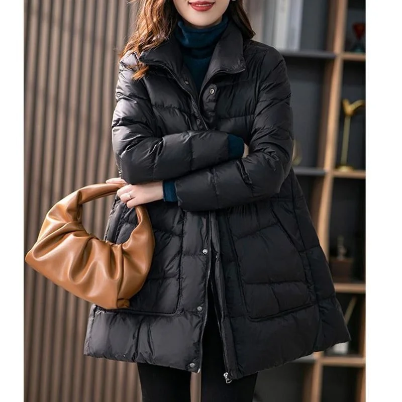 

Ele Online White Du down Jaet Women's Mid-Length A-Line Stand Collar Soft Warm Outerwear Korean Sle Commute Faion