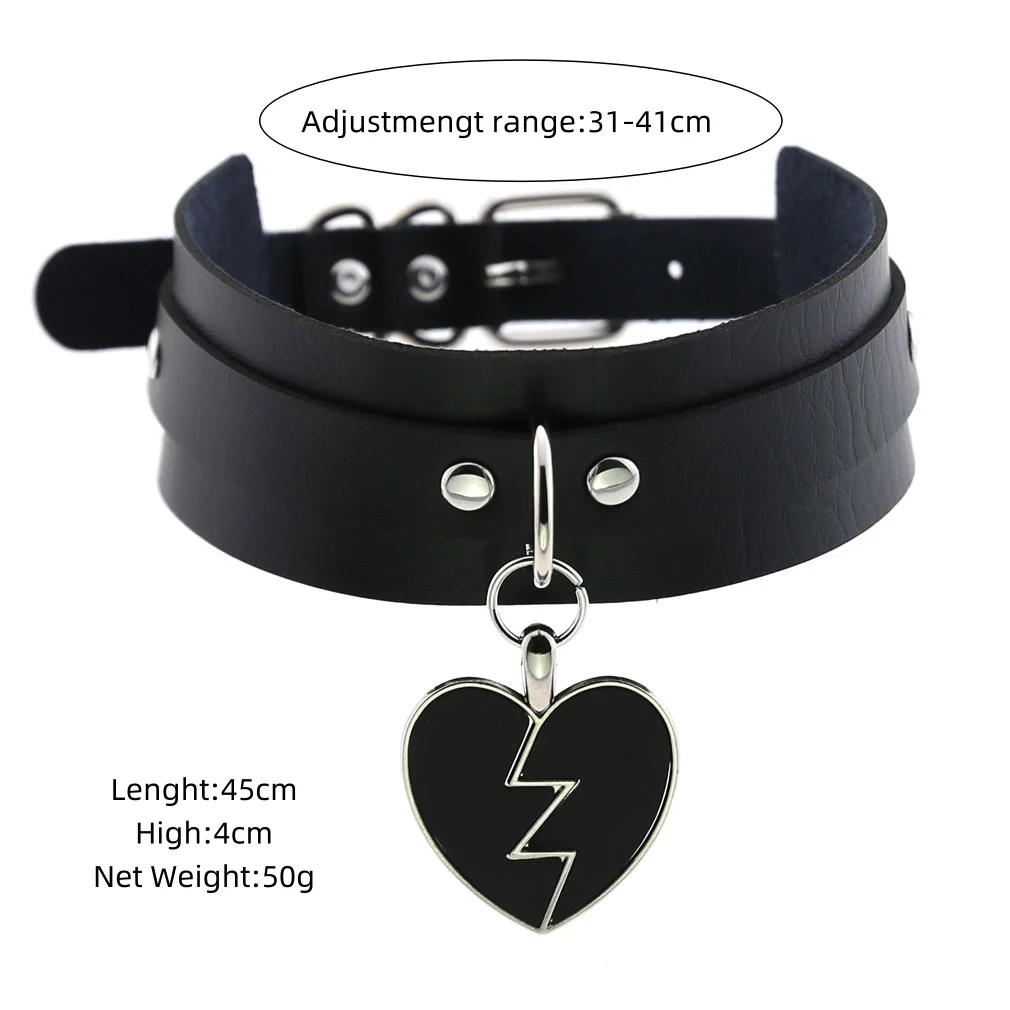 Gothic Sexy Double-layer PU Leather Lightning Heartbreak Peach Heart Love Pendant Collar Necklace Personalized Collar Neck Strap