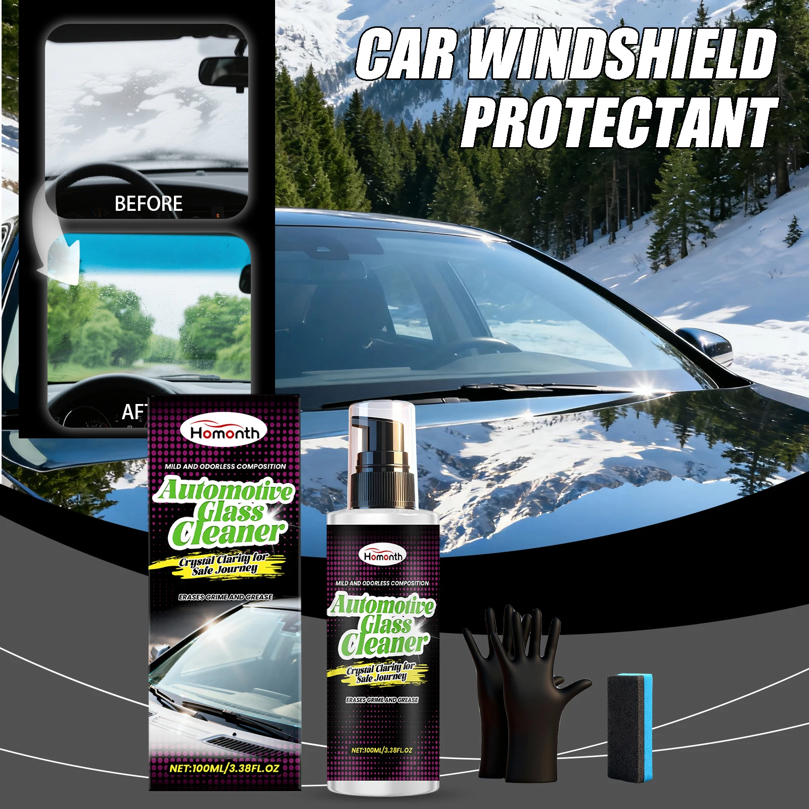 رذاذ العناية بزجاج نافذة السيارة الأمامي للحماية بزجاج السيارة يزيل بشكل فعال لفيلم الزيت رؤية واضحة ولا يسبب ضررًا على سطح الزجاج