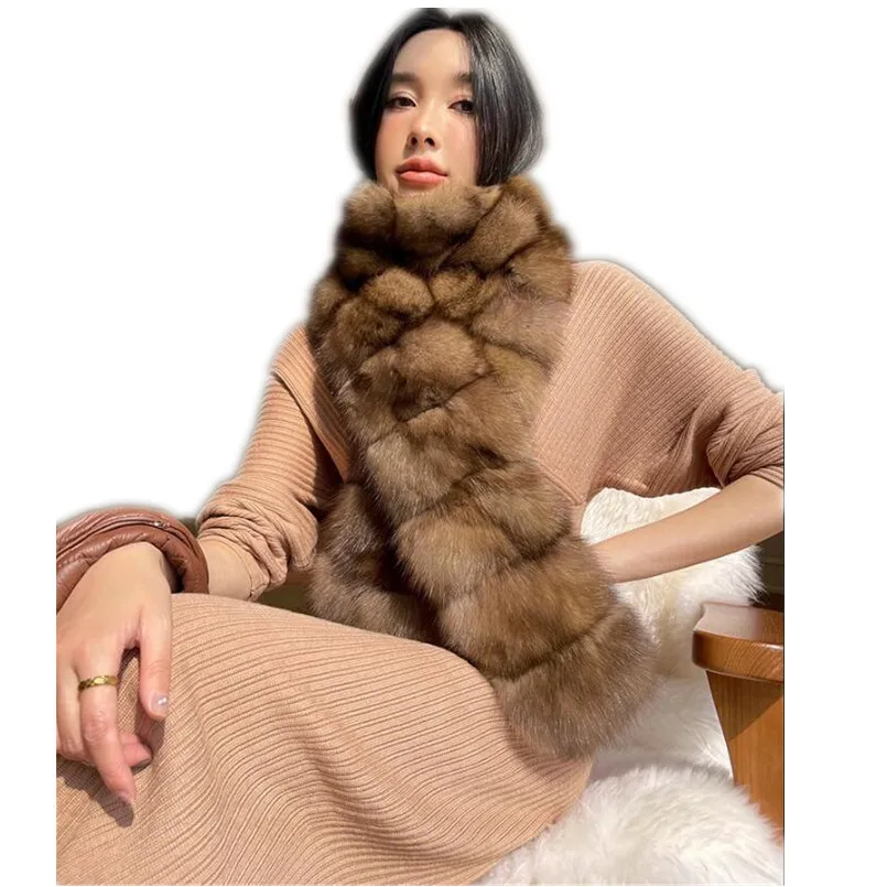 Women Winter Super Luxury Real Sable Fur Long Scarf Lady Muffler Shawl Ring