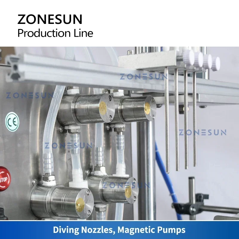 ZONESUN ZS-FAL180D6 línea de producción de escritorio completamente automática bomba magnética llenado de líquidos máquina taponadora etiquetadora de botellas redondas