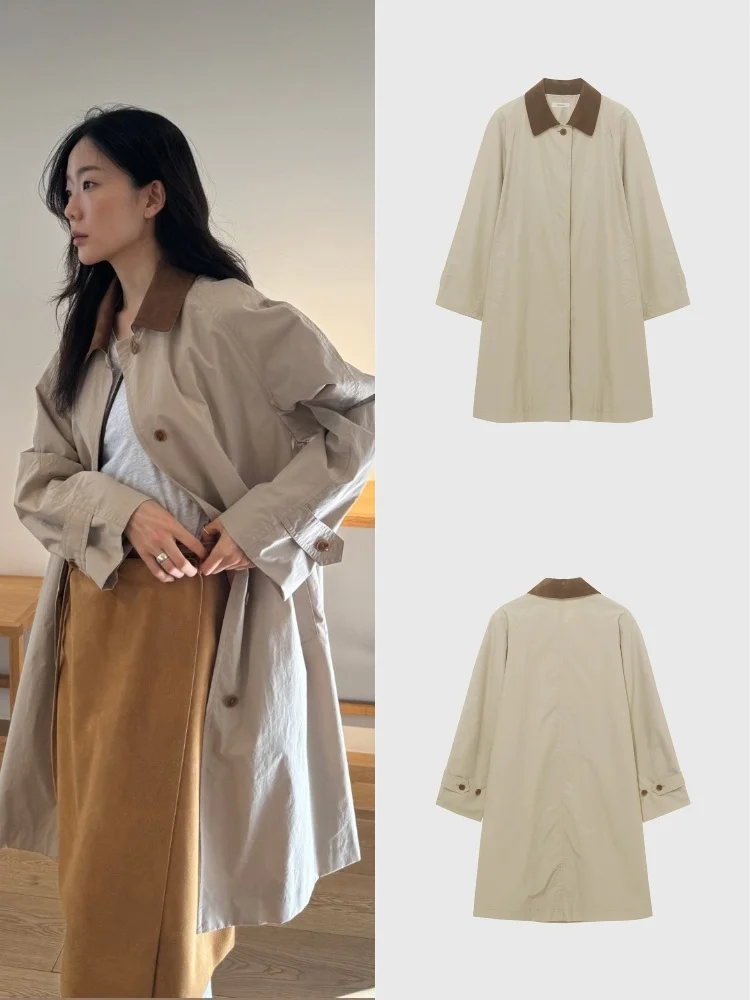 

Casual Patchwork Color Windbreaker Women's Loose Fit Lapel Long Sve Mid-Length Versatile Outerwear