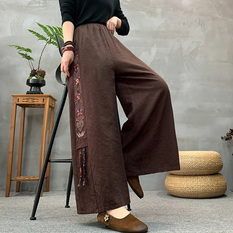 Calças Es de Linho de Aodão Bordadas com Pernas Largas para Mulheres, Calças Casuais de Cintura Alta, Estilo Novo Co...