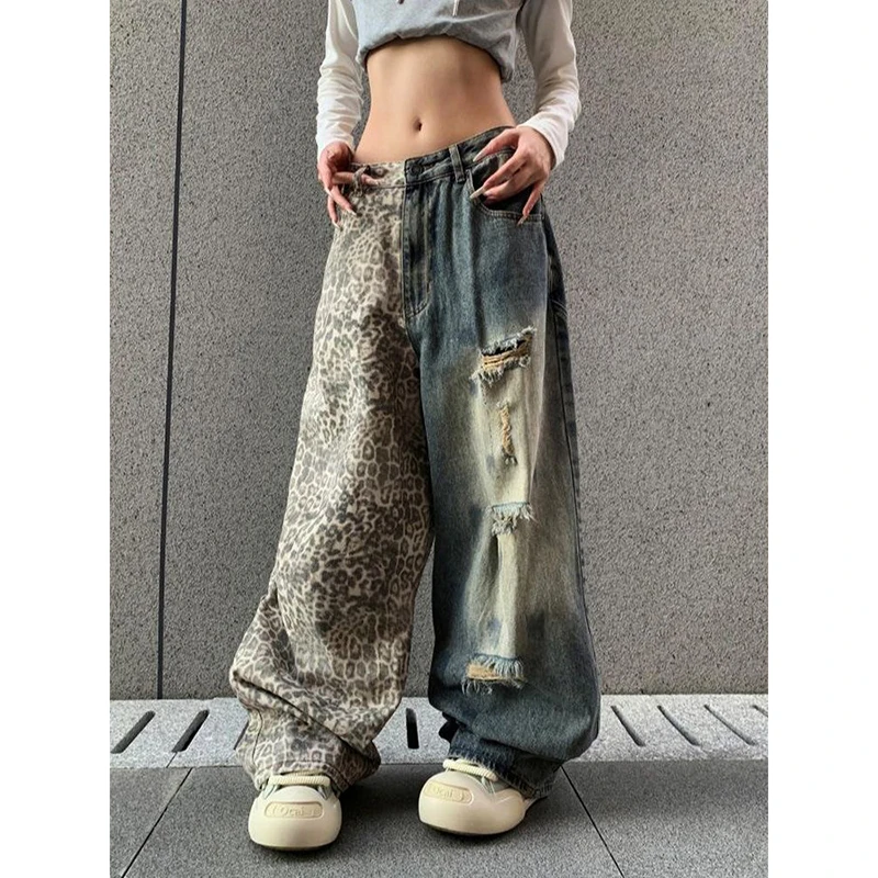 ZHIZOU Baggy-Jeans für Damen, Y2k, japanisch, amerikanisch, Retro, zerrissen, Leopardenmuster, Denim-Hose, Grunge, Harajuku, Hip-Pop, Cowboy, breite Passform