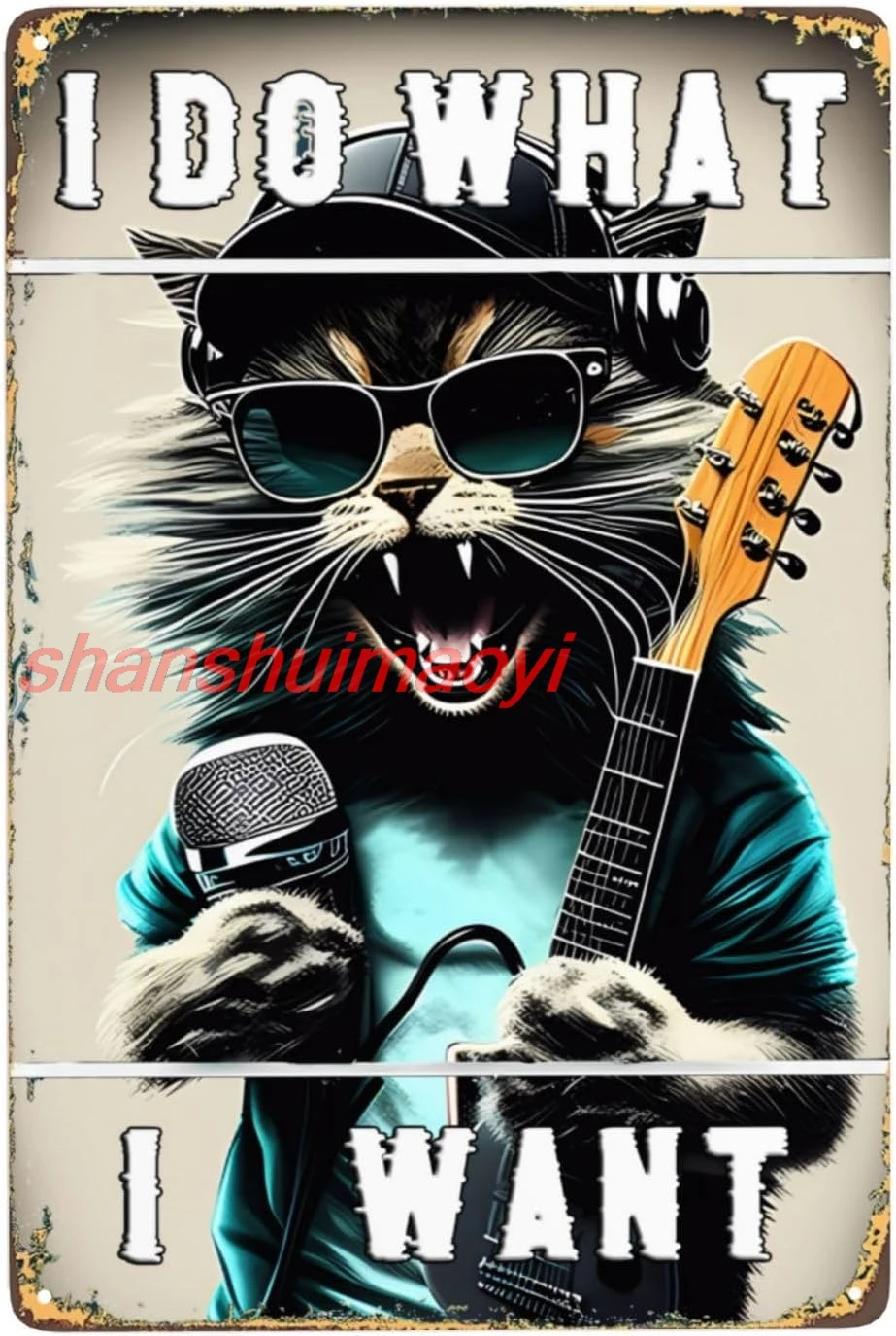Cat Holding a Microphone I Do What I Want Metal Tin Sign Vintage, for Bedroom Home Kitchen Hotel Bar Cafe Outdoor Wall  sha sign