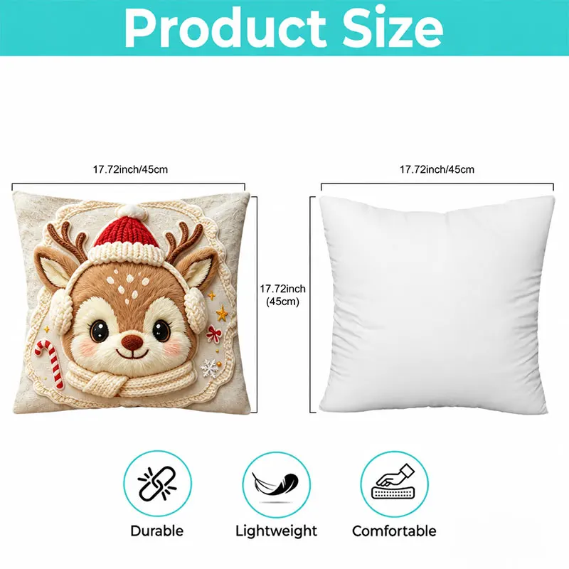 Christmas Pillow Covers Cute Reindeer Wearing Santa Hat Pillow Cover for Christmas Decoration and Living Room Sofa Accents
