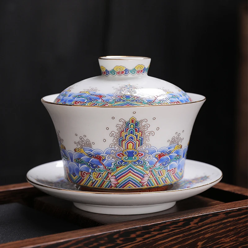 

LIZAOTAO 240ml Chinese Ceramic Gaiwan Enamel Sancai Gaiwan Large Single Teacup Kung Fu Tea Set Ceramic Tea Bowl Tea Cup