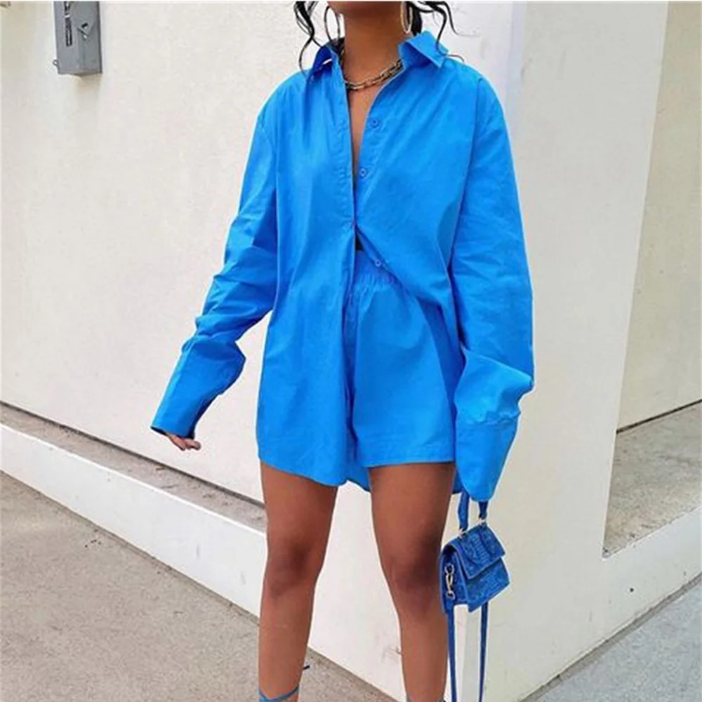 Women\'s Shorts Suit Set Summer Clothing Turn Down Collar Long Sleeve Tops and Shorts High Waist Cotton Casual Two Pieces Sets