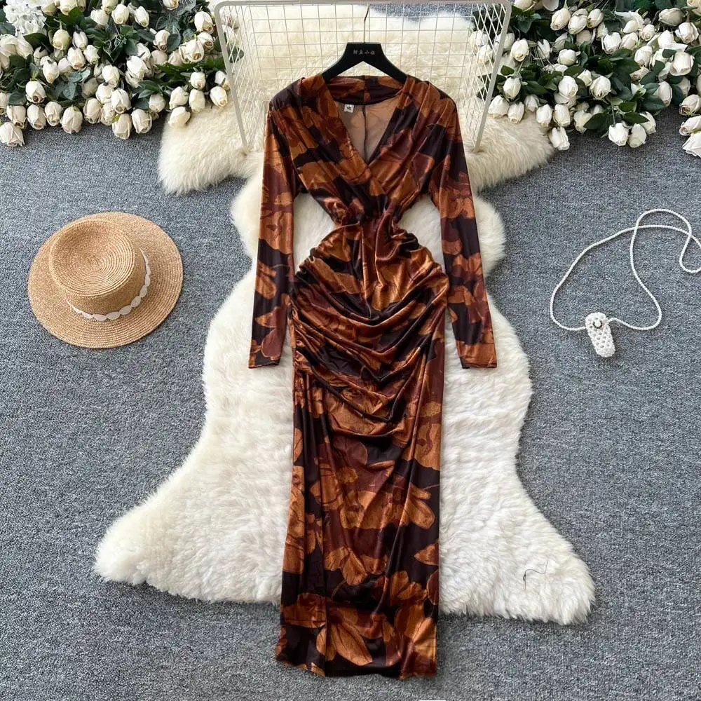 Seksowna sukienka z weluru z dekoltem w kształcie litery V, z wysokim stanem i plisami, sukienka letnia, sukienka wieczorowa dla kobiet