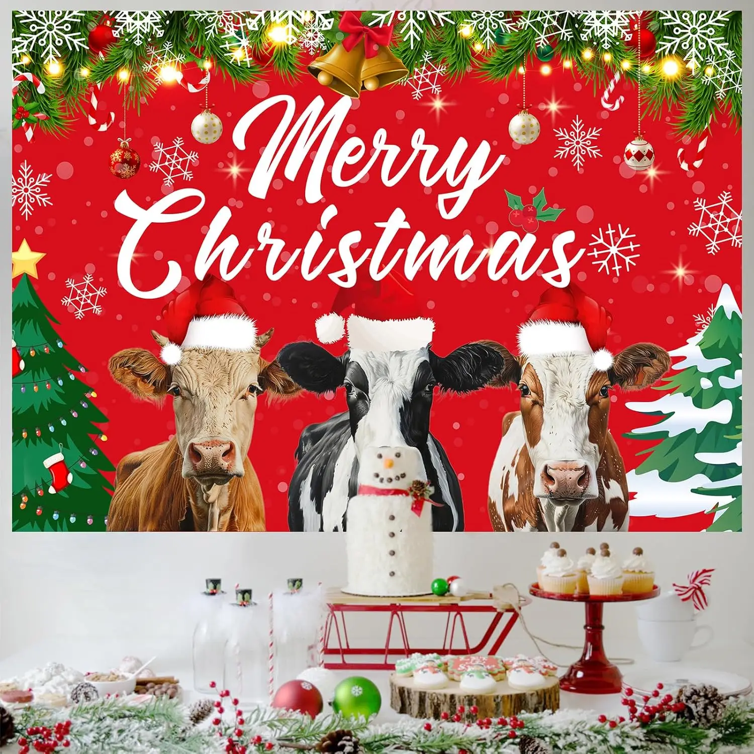 Funmemoir 3 X 5ft Red Christmas Cow Backdrop Merry Christmas Cattle Printed Background for Boys Girls Xmas Party Outdoor Indoor