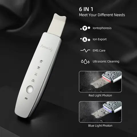 6 in 1 EMS Ultrasonic Skin Scrubber ION LED Photon Skin Lifting Massager Face Spatula Blackhead Remover Facial Deep Cleansing