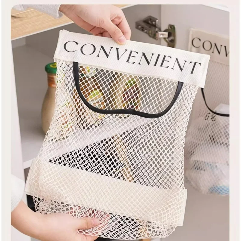 Wall Mount Mesh Storage Bag Grocery Plastic Garbage Bag Holder Adhesive Shopping Bag Dispenser Kitchen Sundries Net Organizer