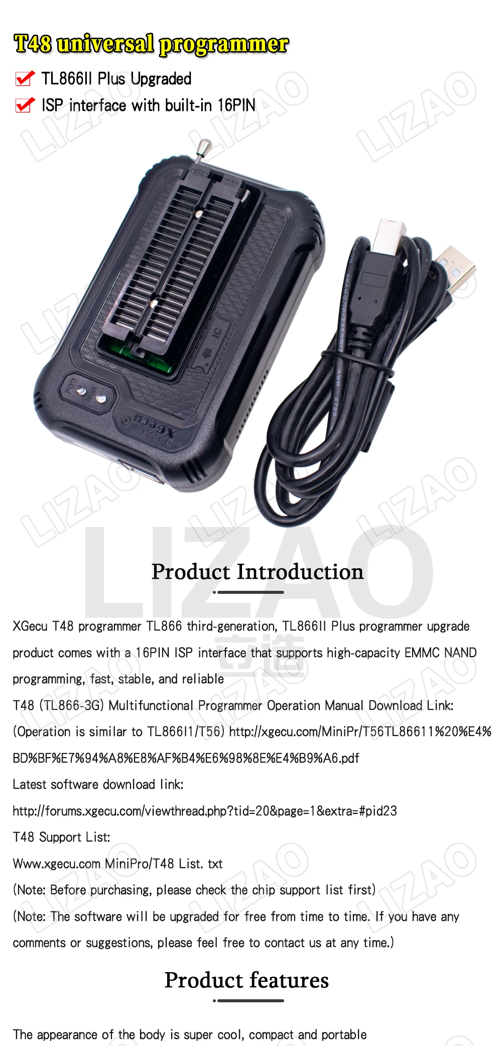 XGecu T48 TL866-3G Programmer 31000+ ICs EPROM/MCU/SPI/Nor/NAND Flash/EMMC IC Tester Perfect Replacement for TL866CS TL866II