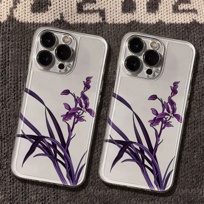

Vintage Minimalist Purple Orchid Clear Phone Case for iPhone 17 16 Pro Max 15 Pro 14 13 12 11 17 Air 16E X XR XS 7 8 Plus Cover