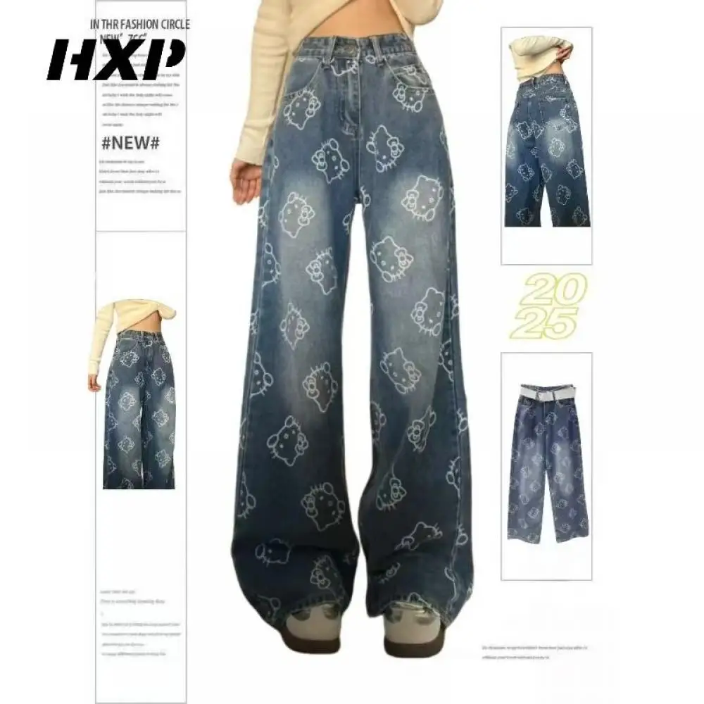 

Loose Women Jeans Y2K Hello Kitty Sanrios Cartoon Anime Wide Leg Pants Cute American Retro Straight Leg Pants Sweet Girls Gift