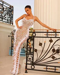 High Quality Gorgeous Feathers Beading Spaghetti Strap Bodycon Long Dress Woman Evening Dress Celebrity Birthday Party Outfit