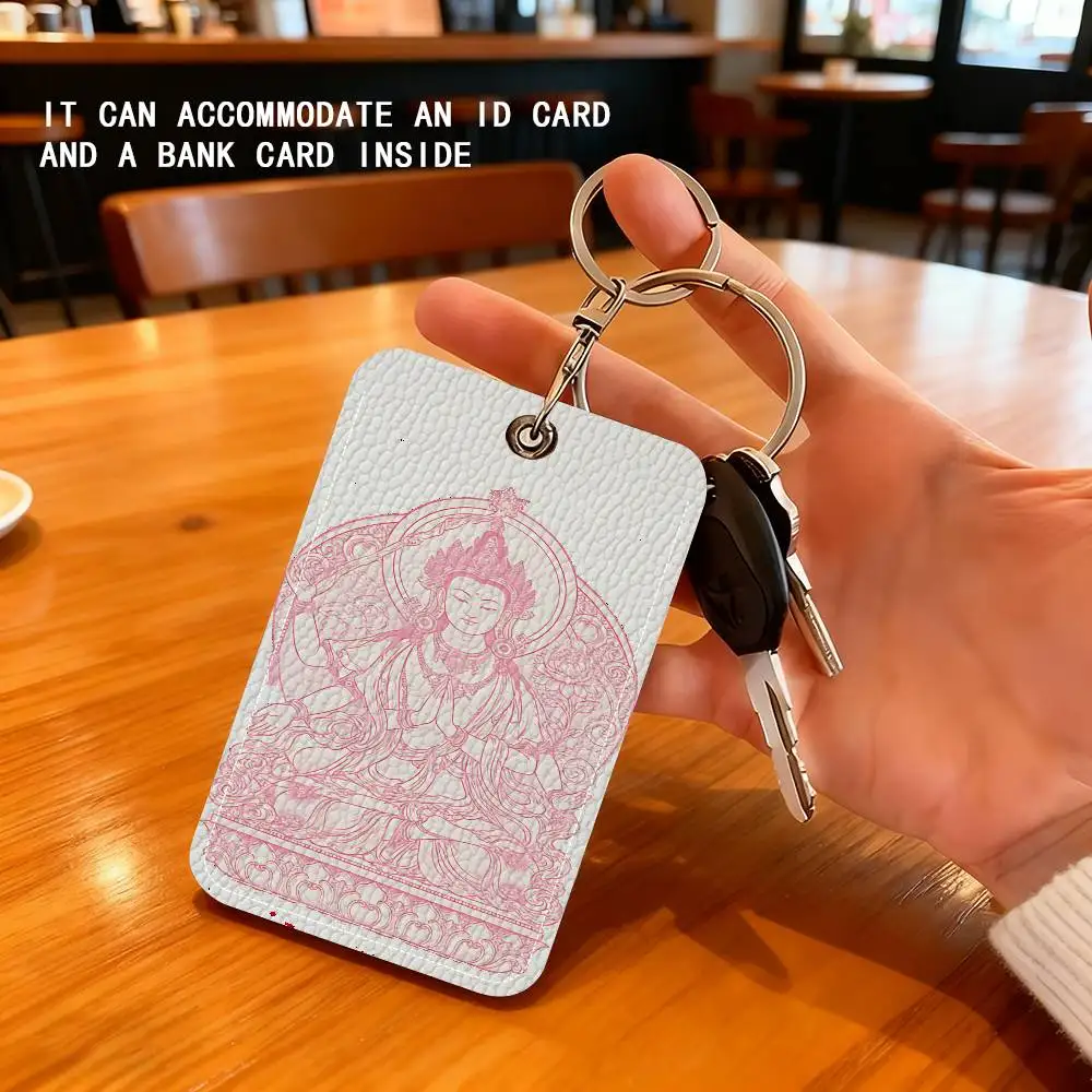 Religious Art Pink Buddha PU Soft Leather Rectangular Keychain Card Holder, Badge Student ID Bus Elevator Card Protector