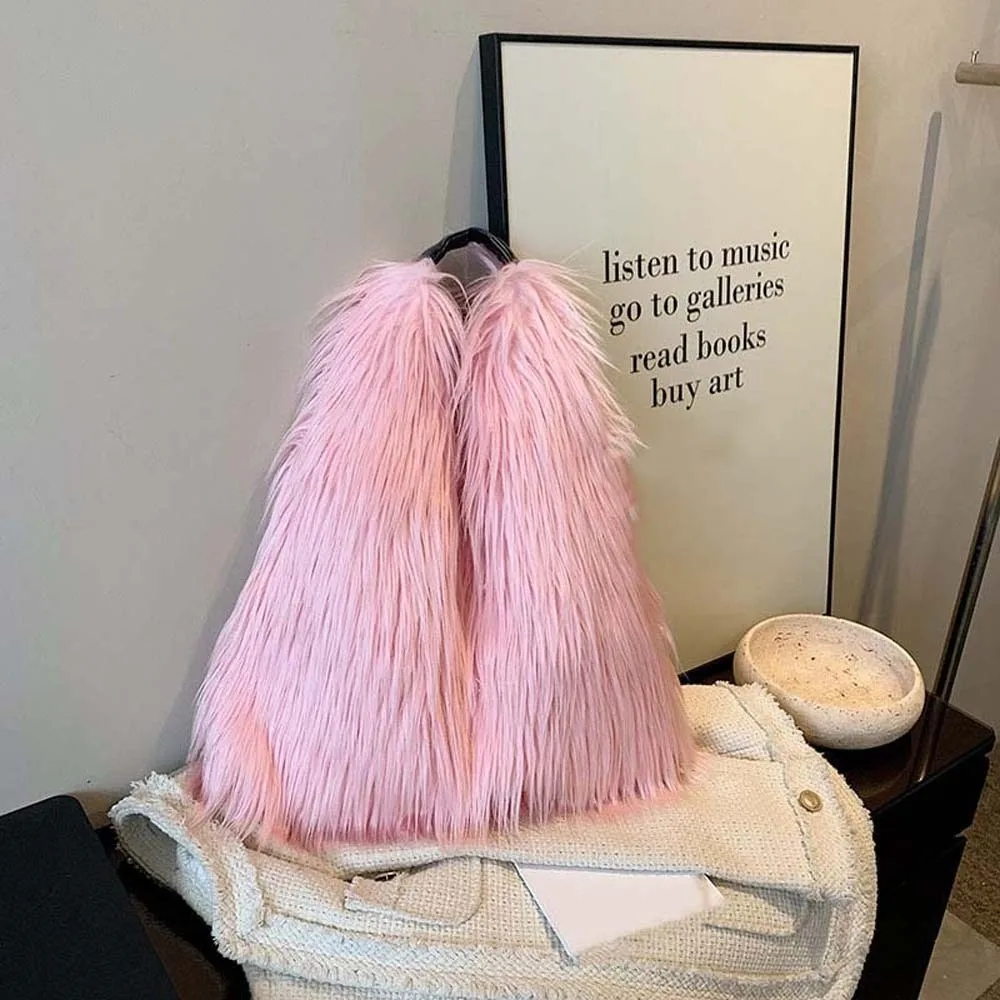 

Storage Pouch Stripe Faux Fur Ladies Tote Large Capacity Soft Furry Tote Bag Magnetic Button Portable Commuting Handbag Women