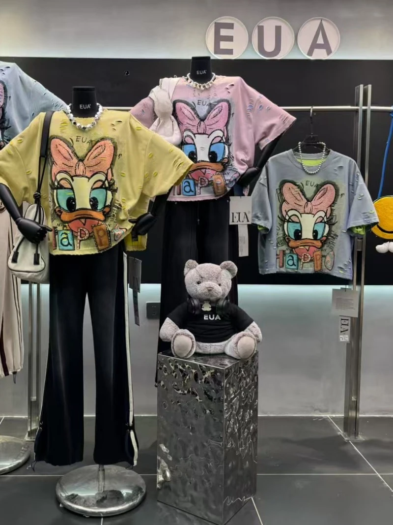 Spring 2025 New Light Blue Tshirts Loose Heavy Industry Nostalgic Short Sleeves T-Shirt Top Women's Casual Y2k Tees Pullovers