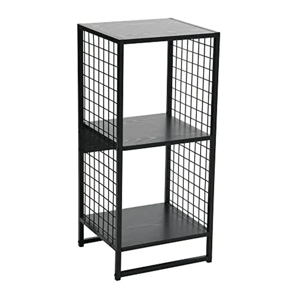 

Open Storage Bookshelf Cube Organizer 2 Compartments Baskets LP Records Side Table Nightstand Wire Mesh Trellis Design Black Oak