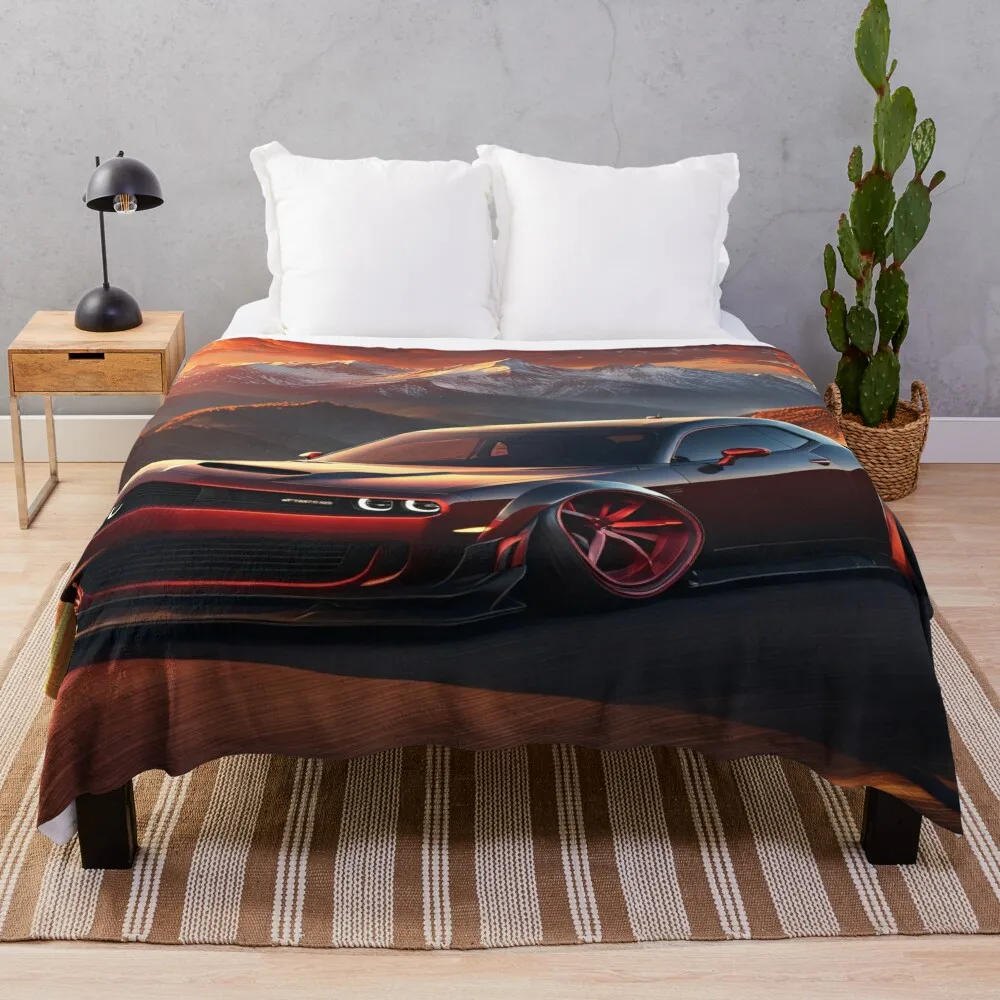 Dodge Challenger in red, muscle car in the mountains, photorealistic, retro V3 Throw Blanket Shaggy heavy to sleep Blankets