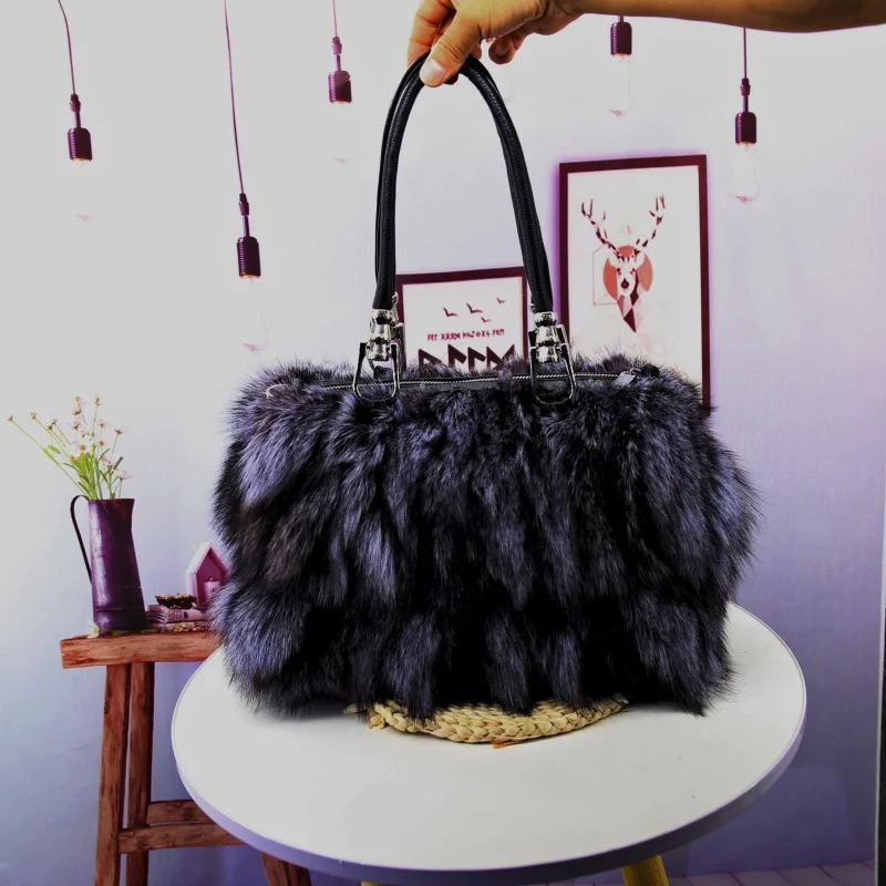 Large Genuine Fox Fur Tote Bag Women's Shoulder Bag