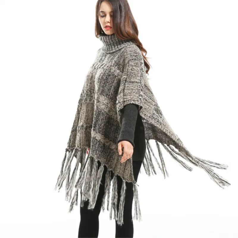 

Autumn Winter High Collar Tassel Warm Knitting Cape Versatile Women Sweater Fashion Street Poncho Lady Capes Gray Cloaks