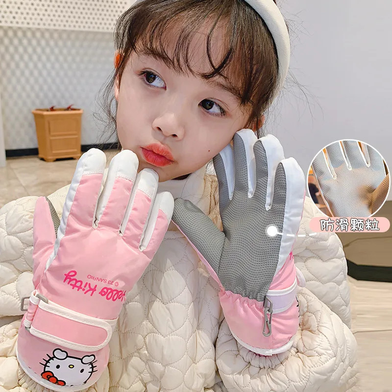 Sanrio Hello Kitty Kuromi Children's Ski Gloves Winter Thickened Warm Coldproof Outdoor Playing Snow Gloves for 6-12 Years Old