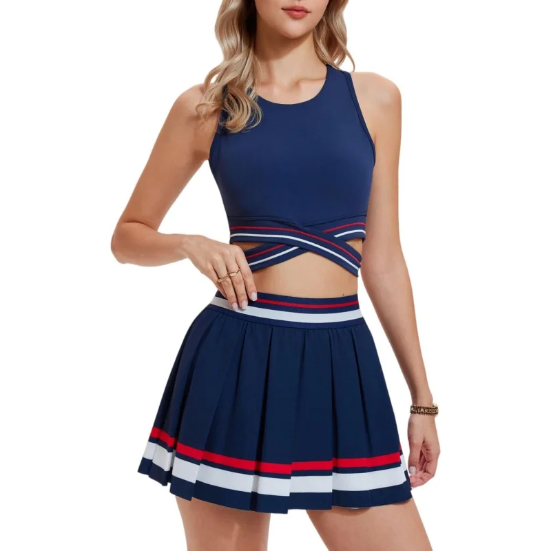 

SharpStar 2 Pcs Outfits Tennis Skirt Set Crop Top High Waisted Pleated Skirt Matching Athletic Going Out Y2K Preppy Clothes