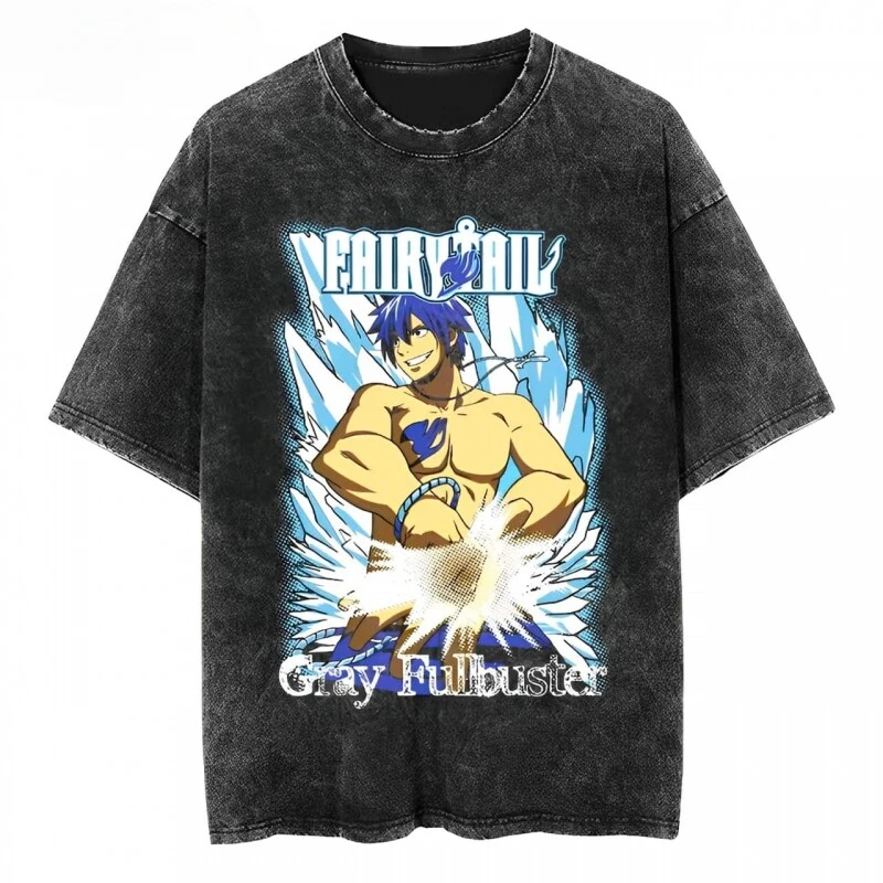 Summer Fairy Tail Anime Printed Short-sleeved T-shirts for Men and Women Loose Retro Old Cotton Shirts for Couples