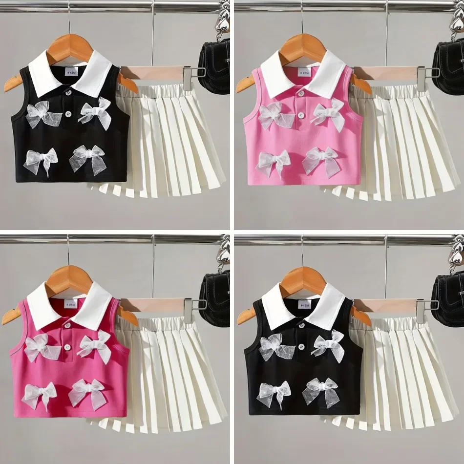 Little Girls Sleeveless Collar Bow Tank Top Pleated Skirt Set Kid Summer Daily Casual Outfit Toddler Fashion Birthday Wear ZYD47