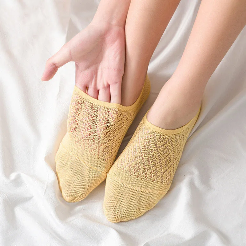 5 Pairs/Set Women Invisible Socks Summer Solid Color Mesh Ankle Boat Socks Silicone Non-slip Female Cotton Slipper No Show Socks