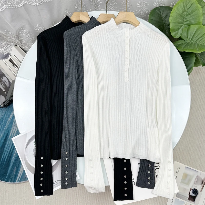 

Мягкая трикотажная базовая кофта с воротником-стойкой, эластичная, облегающая, универсальная, на пуговицах, для женщин, на осень