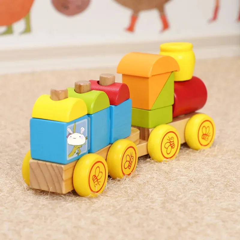 Topmaya bloco de construção de madeira trem push-pull dos desenhos animados animal forma educacional das crianças bloco de construção conjunto coluna brinquedo b157