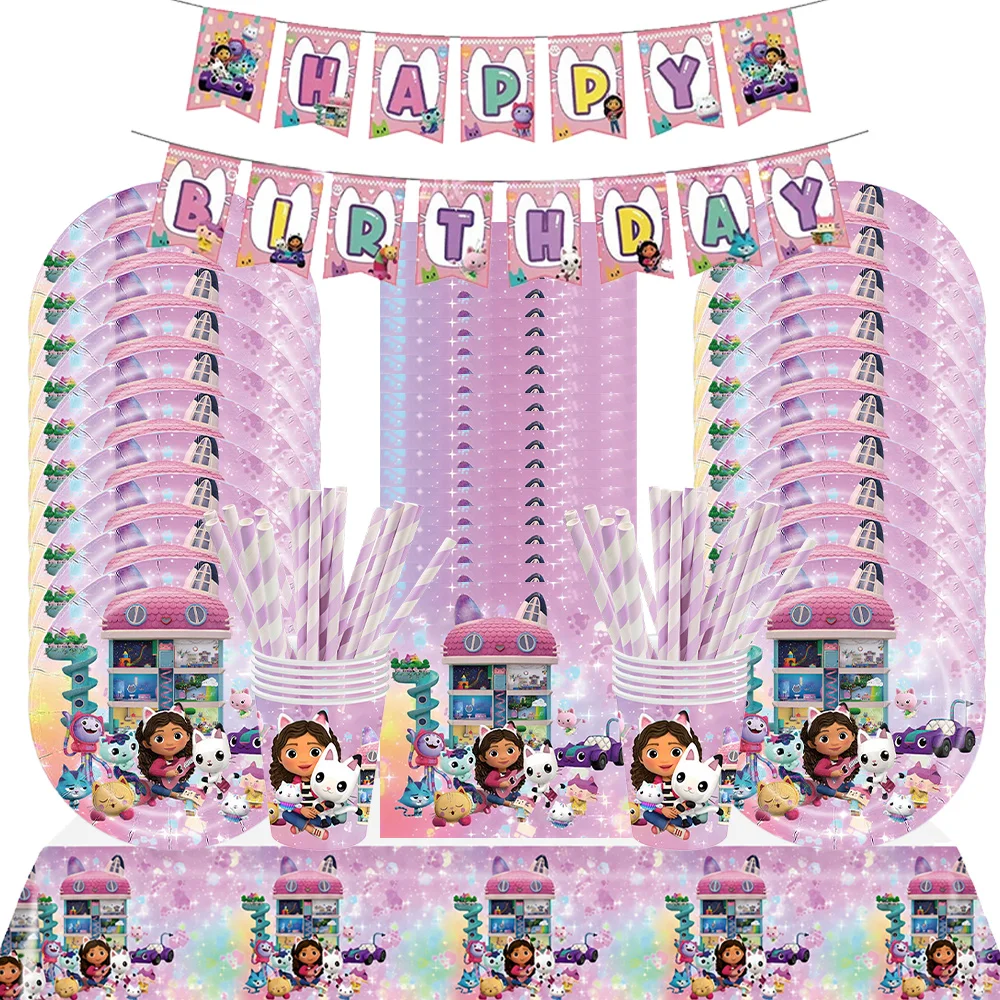86-teiliges Gabby Dollhouse Geburtstags-Tischgeschirr Cartoon-Katzen-Mädchen Einwegteller Becher Servietten für Kinder Mädchen Geburtstagsparty Dekoration