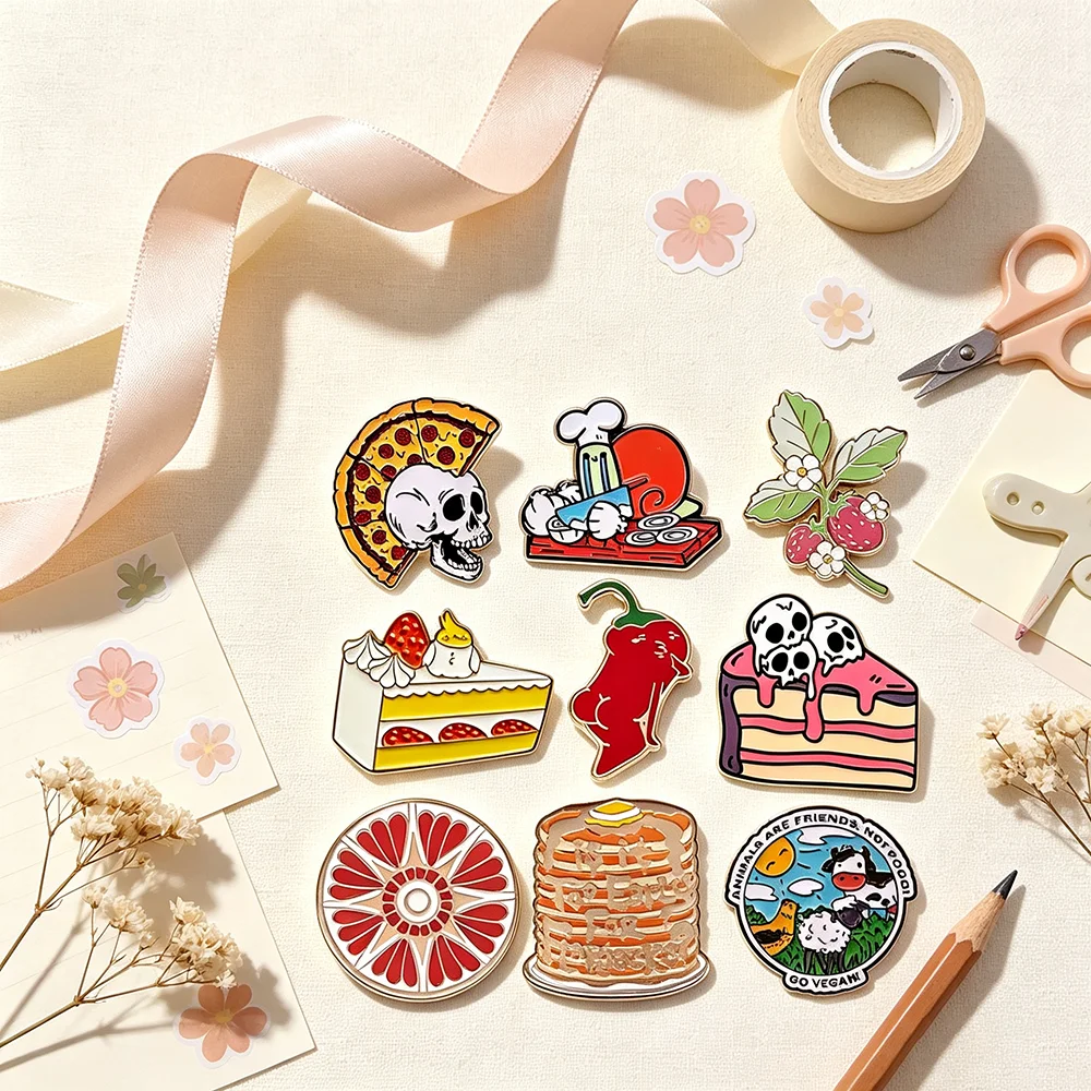 Funny Food Enamel Pin Skull Pizza Slice Strawberry Cake Chili Vegan Slogan Brooch Snack Pattern Badge Creative Jewelry Gift