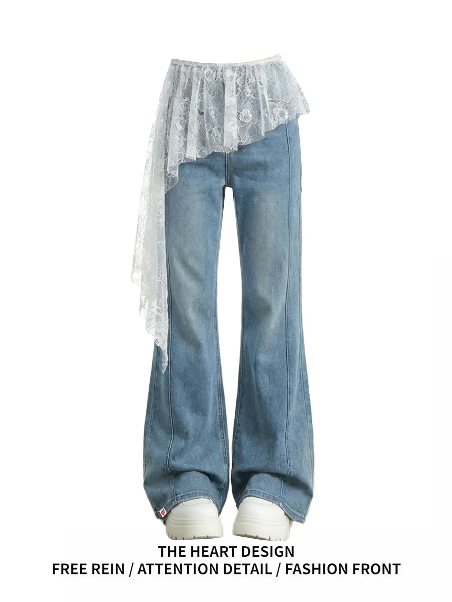 

Ретро-джинсы с кружевными вставками и высокой талией, расклешенные, женские, весенняя новинка, утягивающие, широкие штанины, из хлопкового денима