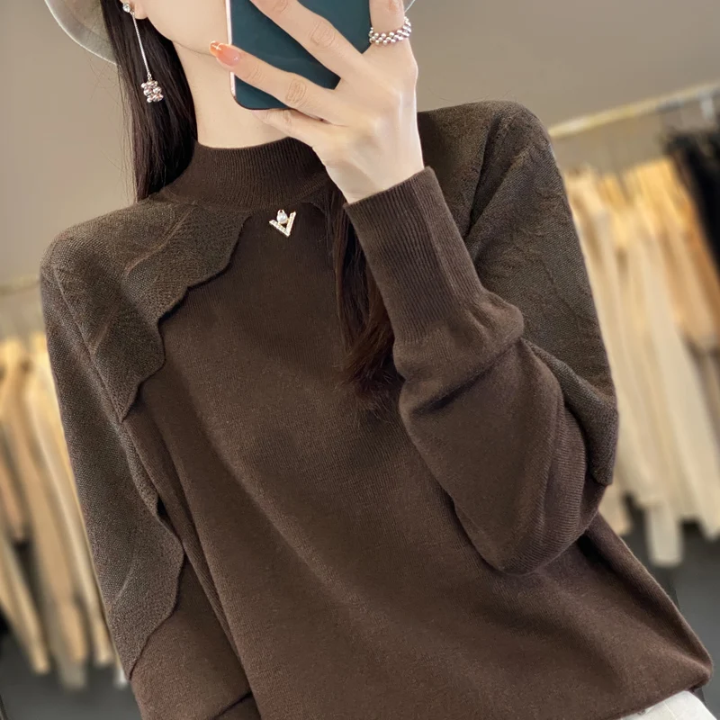 Off white sweater for women with design sense, half high neck base sweater, heavy-duty lace hook flower, autumn and winter women