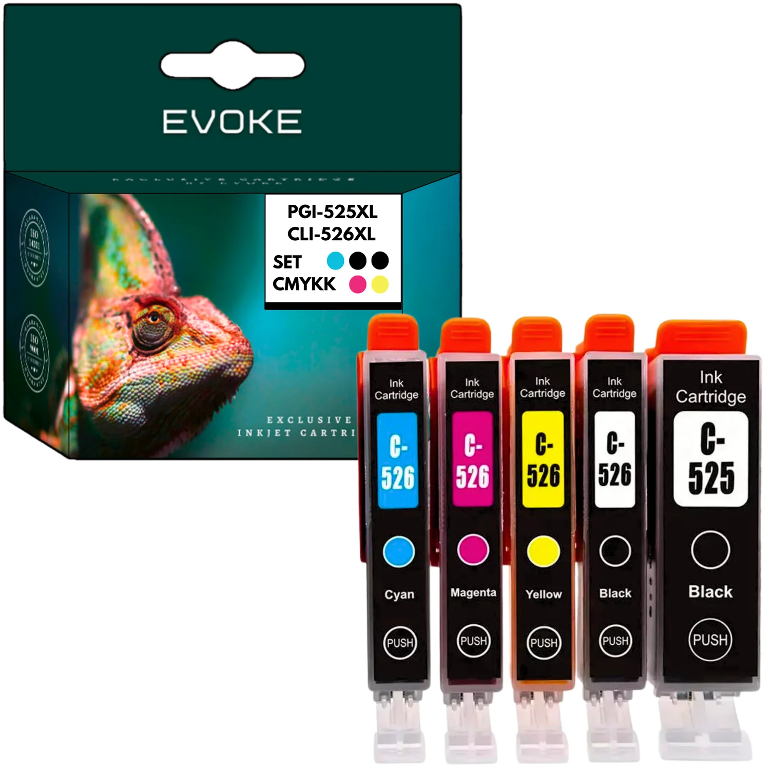 Evoke Compatibele Inkt voor Canon Pgi-525 Cli-526 Pgi525 Cli526 XL 5X: Pgbk Zwart Pigment+Bk Foto Zwart+Cyan+Magenta+Geel 62 ml Pixma Ip4820 Ip4840 Ip4850 Ip4860 Ip4870 Ip4950 Ix6550 ; Mg5120
