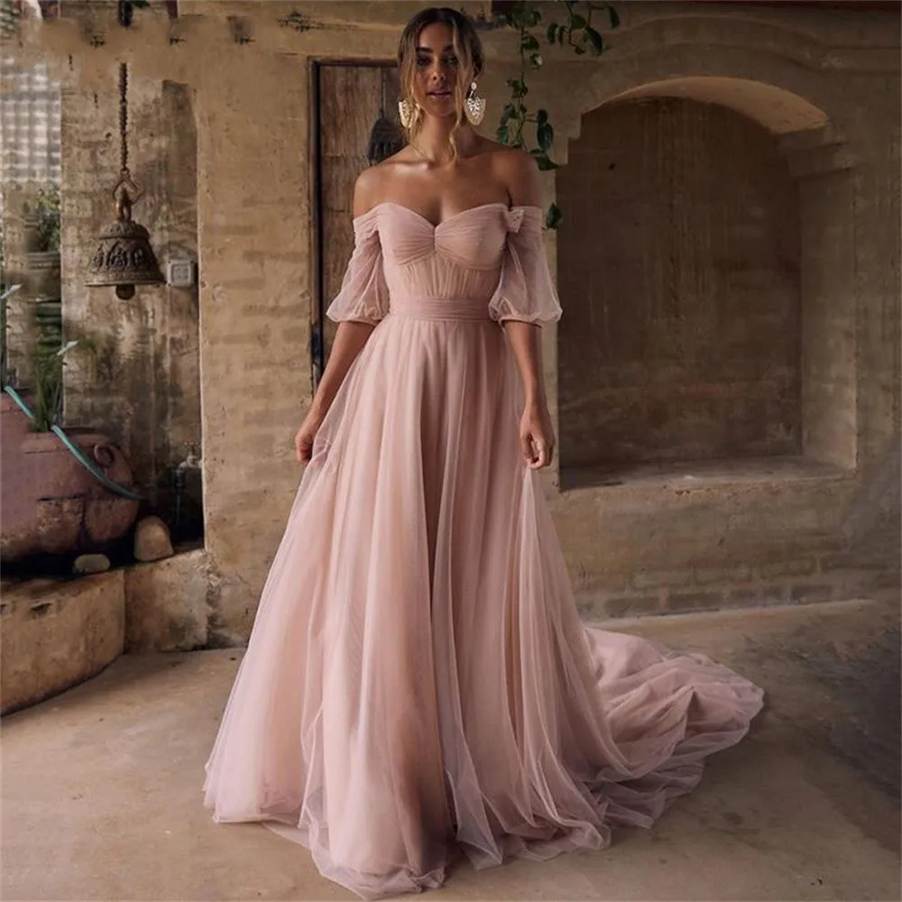 Abito da spettacolo di ballo rosa scuro con spalle scoperte maniche a sbuffo abito da sera formale in tulle plissettato Robe Soriee Vestidos De Fiesta