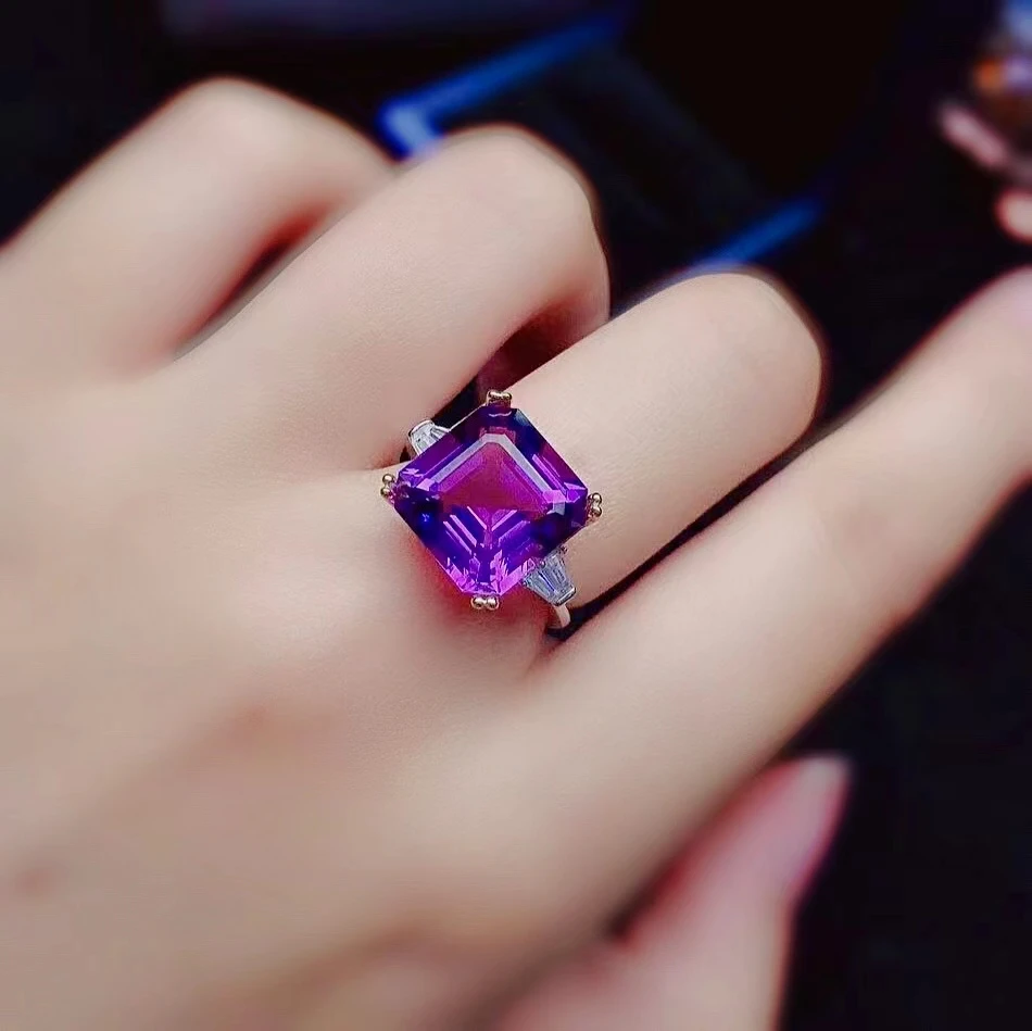 

Dazzling Amethyst Silver Ring for Party 12mm Princess Square Cut Natural Amethyst Engagement Ring 925 Silver Amethyst Ring