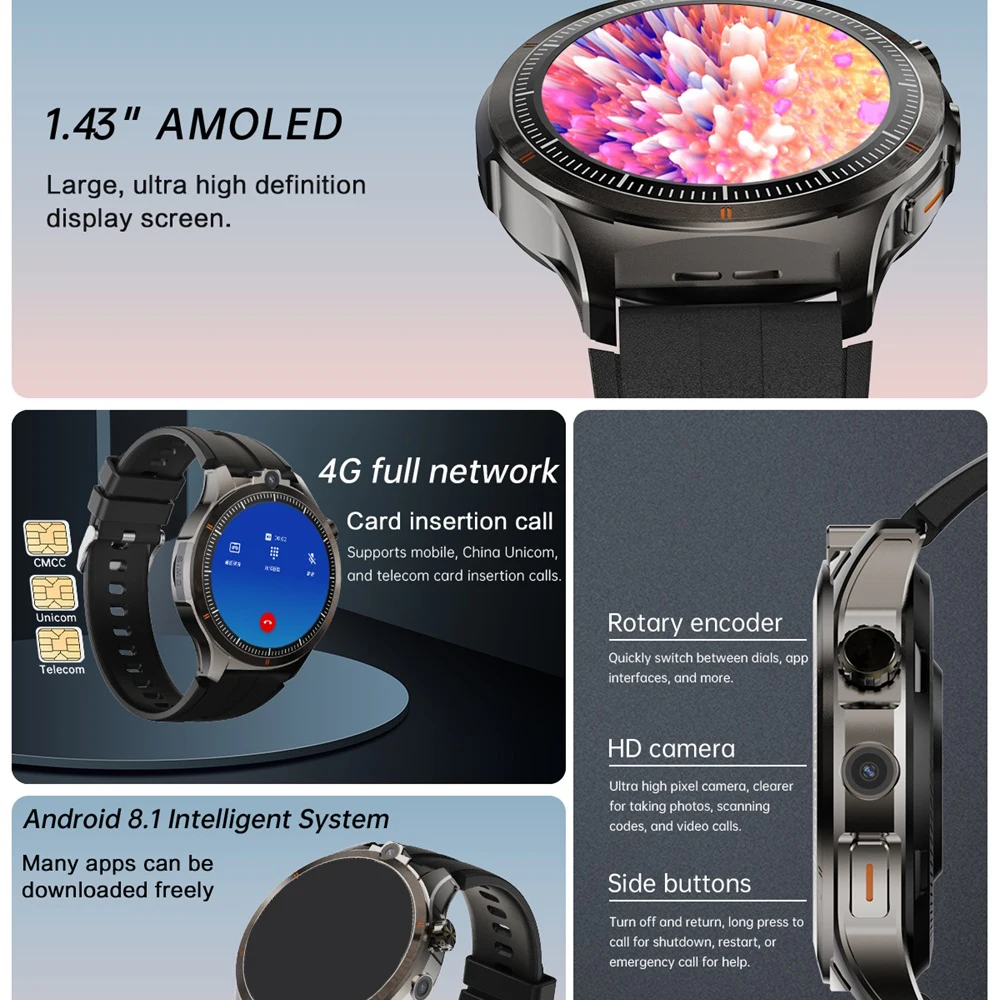 4G ساعة ذكية للرجال مكالمة فيديو 1.43 بوصة 466*466 AMOLED 2GB + 16GB RAM APP تنزيل Smartwatch النساء 800mah كاميرا مزدوجة GPS WIFI