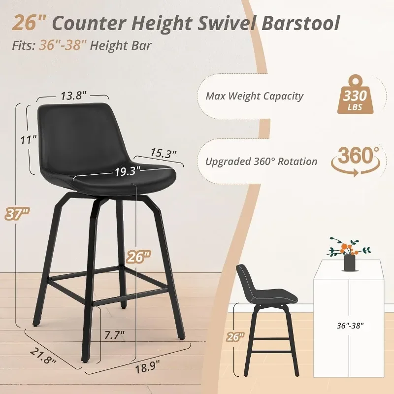 LUE BONA 360° Swivel Bar Stools Counter Height Bar Stools Modern Faux Leather with Enlarged Seats, Metal Legs for Kitchen Island view 2