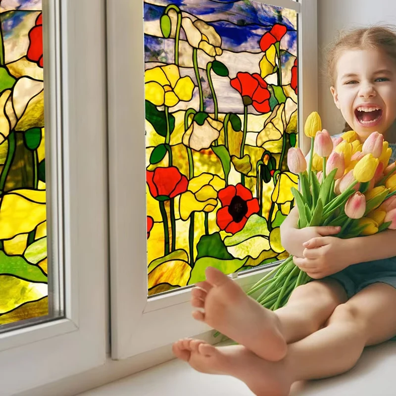 Stained Glass Window Film Floral Tree River Scene Static Cling Frosted Decal Custom Size Privacy Sticker for Home Office