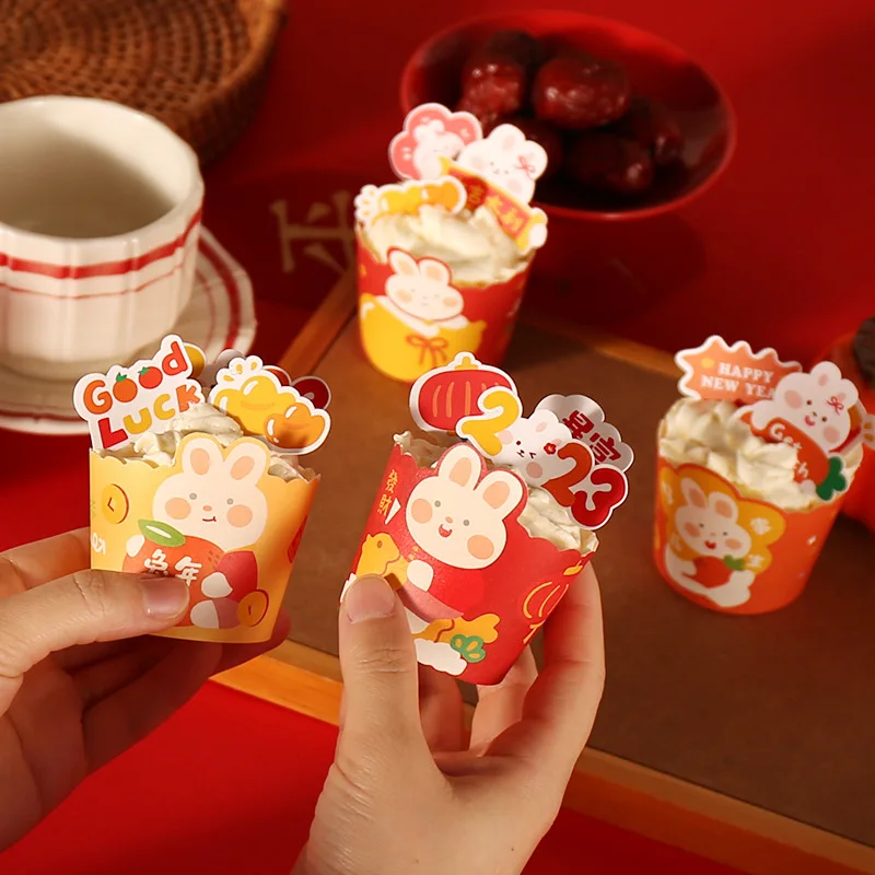 50pcs 2023 Lunar New Year Cupcakes Bunny Muffin Cups Chinese Spring Festival Birthday Wedding Party Decoration Baking Supplies