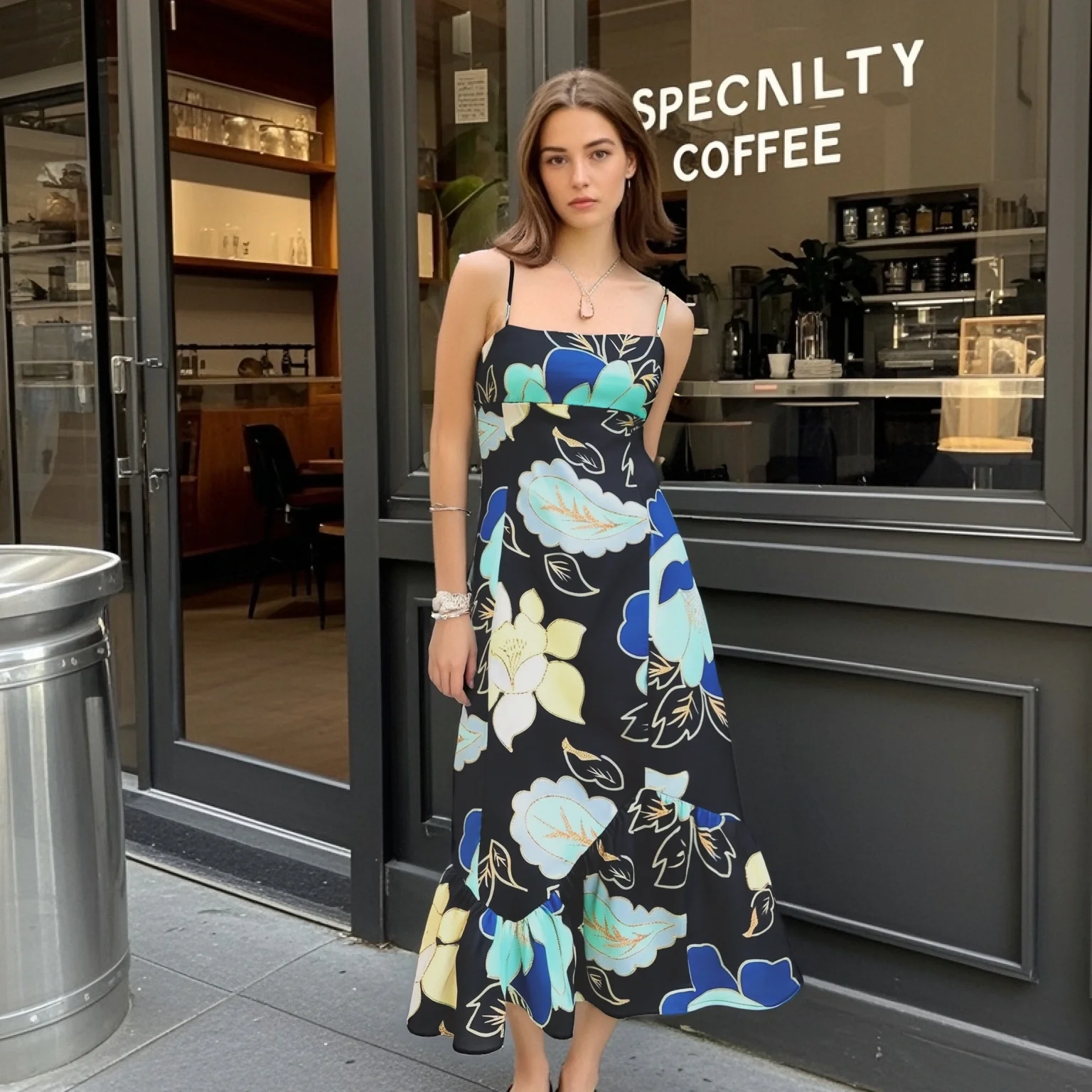 

2025 Women's Spaghetti Strap Dress with Square Neck Large Floral Print and Asymmetrical Ruffled Hem for a Stylish Look