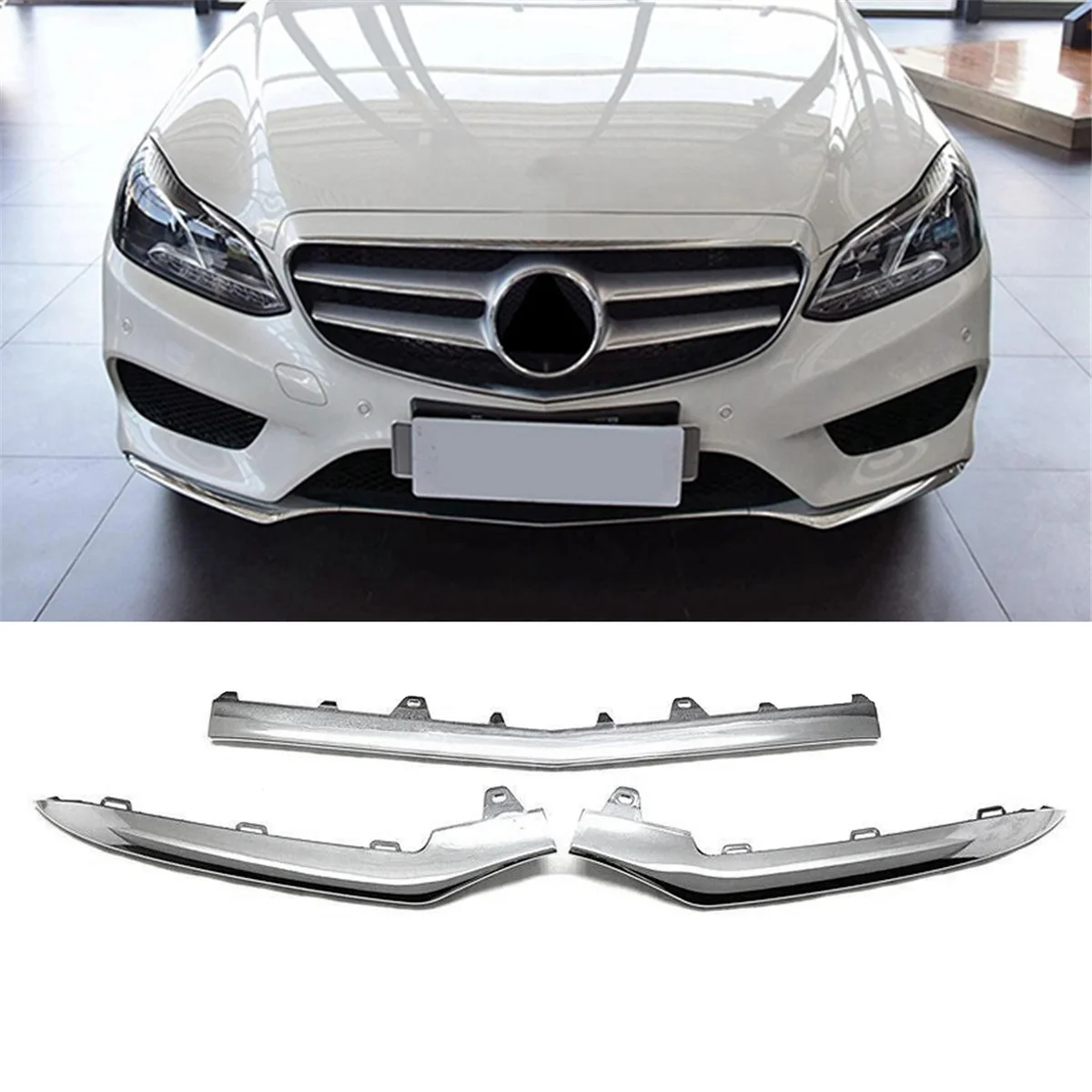 3Pcs Chrome Front Bumper Moulding Lip Trim Strip for Benz E Class W212 14-16 A2128852774 A2128852874 A2128852674, B