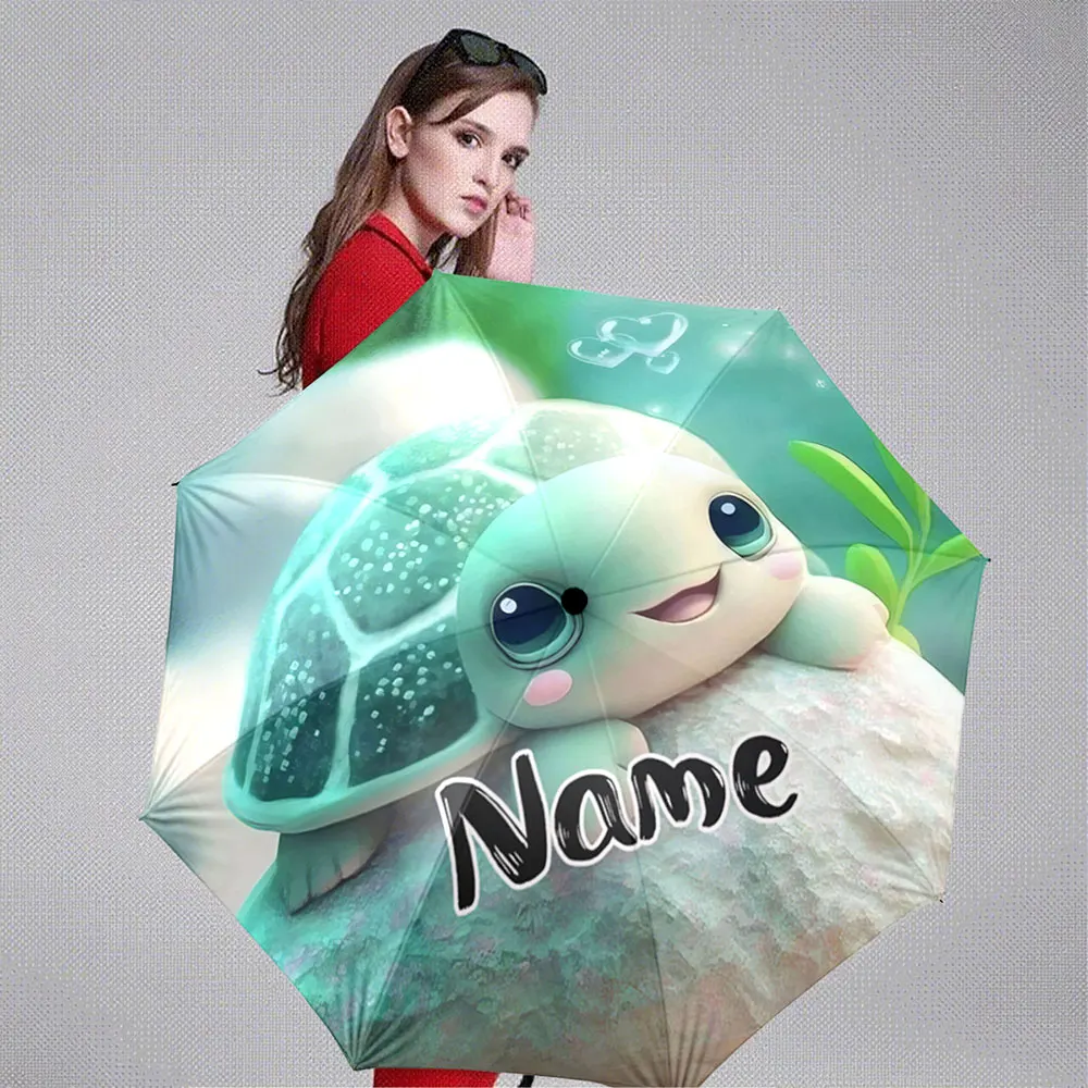 Custom Name Umbrella Cute Cartoon Turtle Rain Umbrella with Green Nature Design Portable Folding Umbrella,Christmas Gift